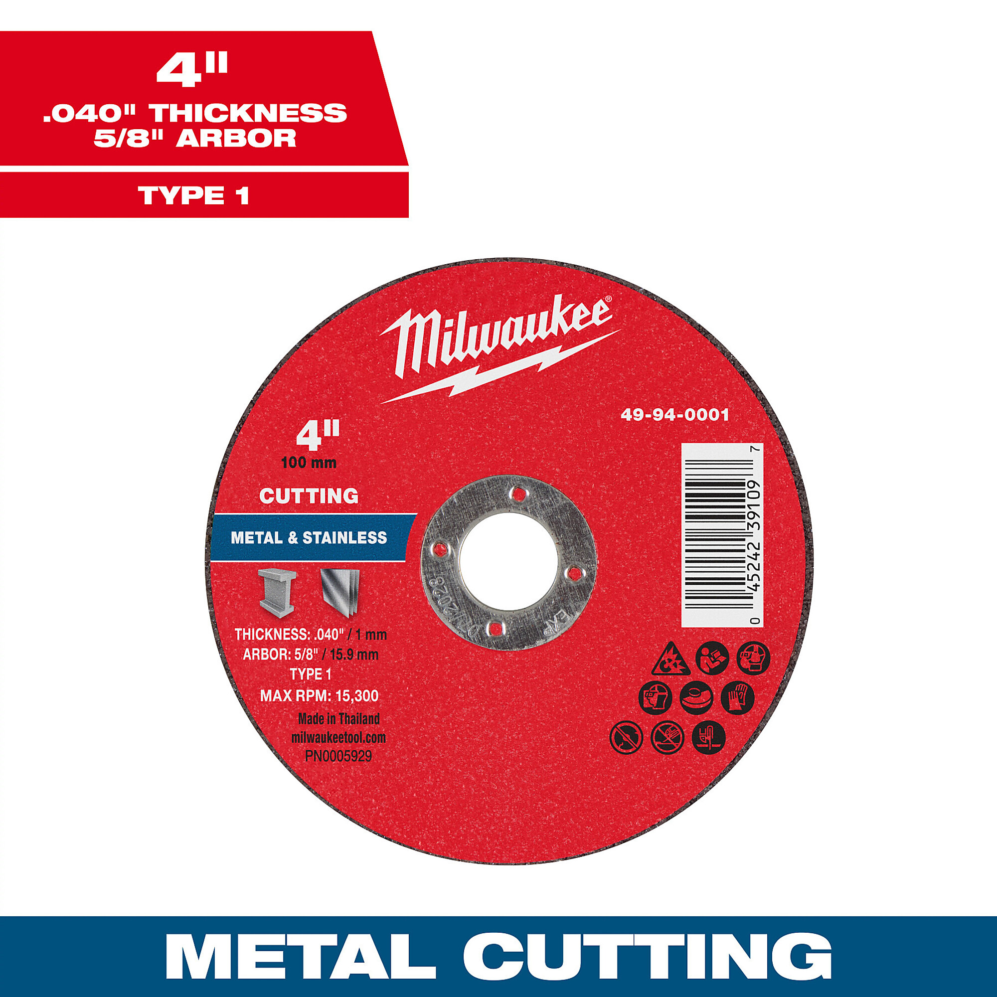 Milwaukee 4" x .040" x 5/8" Metal Cut Off Wheel,Type 1, Model# 49-94-0001